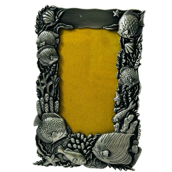Silver Metal Fish Ocean Picture Frame Vintage Tabletop Coastal Nautical 5X8" - Picture 1 of 9